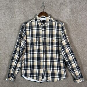 Lucky Brand Shirt Mens Medium Beige Gray Plaid Flannel Button Up Long Sleeve
